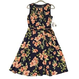 JH Womens Navy Blue Floral Sleeveless Fit and Flare Midi Dress Size 10 NEW